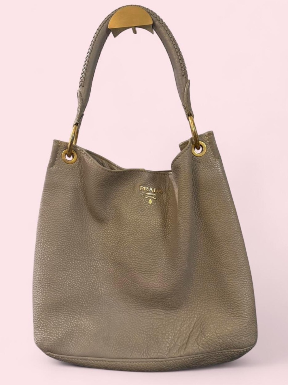 Prada Taupe Pebbled Leather Shoulder Hobo with Gold Hardware